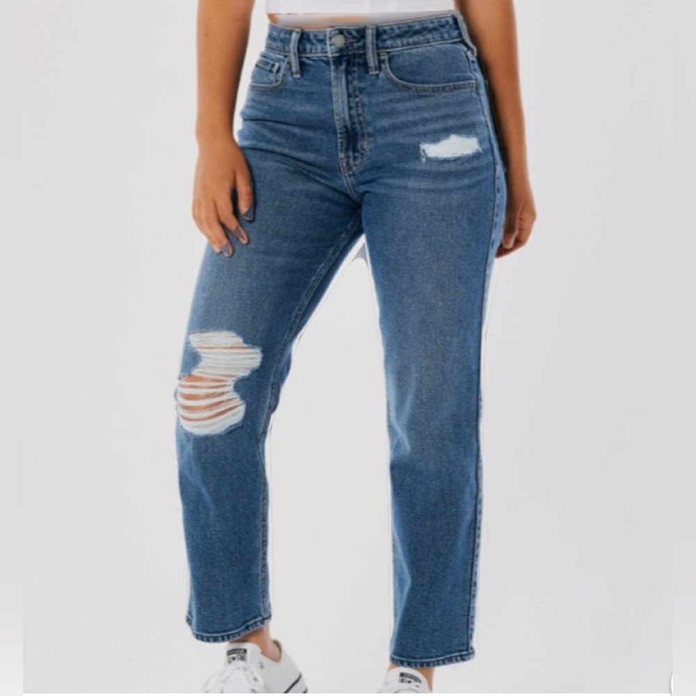 Hollister Ultra High-Rise Vintage Straight Distressed Denim Jeans Stretch SZ 9R